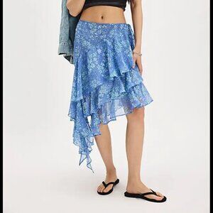 NWT Free People Heather Ruffle Cascade Skirt in Blue Combo